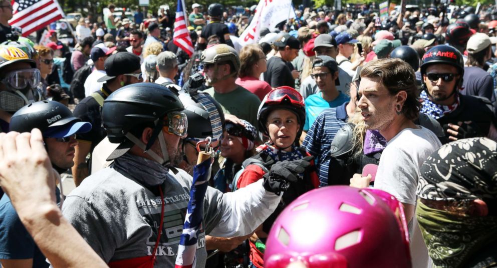 PHOTO: An alt-right sympathizer,confronts another protester at a rally that was held in Portland, Oregon, August 4, 2018. 