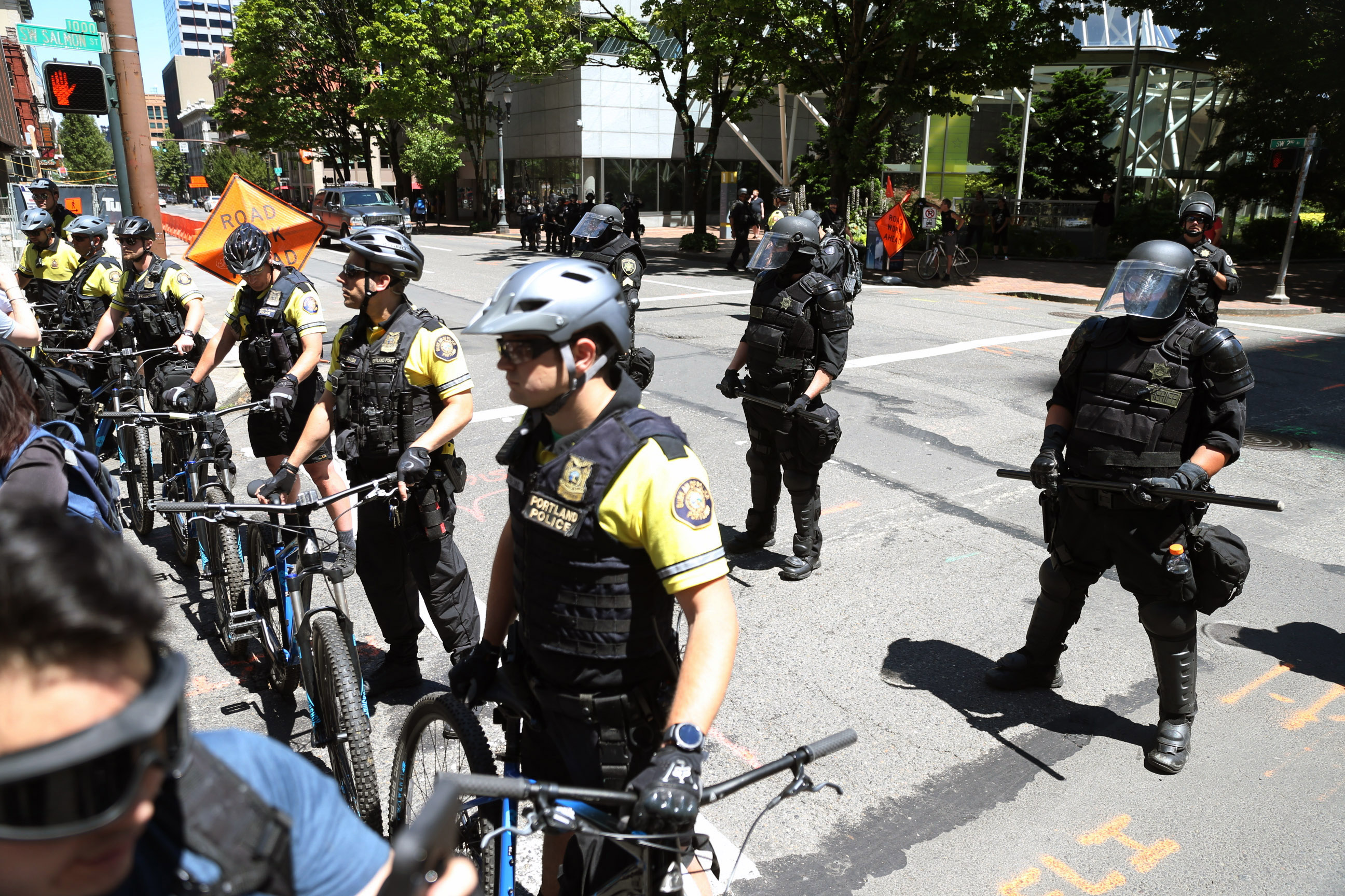 PHOTO: Multiple groups, including Rose City Antifa, the Proud Boys and conservative activist Haley Adams protest in downtown Portland, Ore., June 29, 2019.