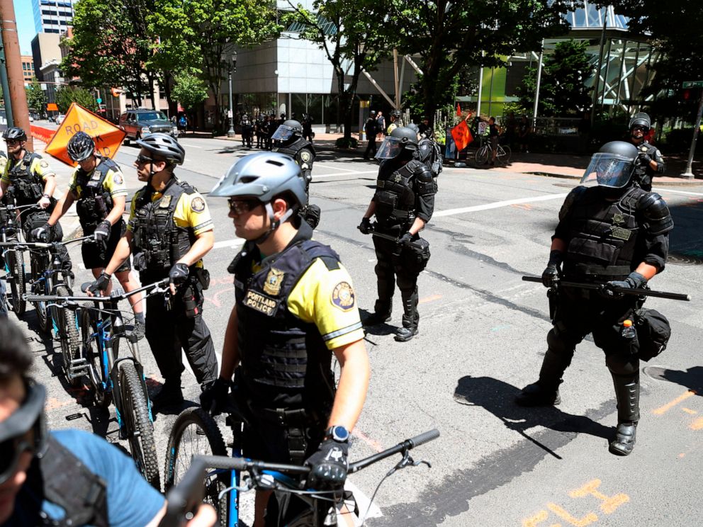 PHOTO: Multiple groups, including Rose City Antifa, the Proud Boys and conservative activist Haley Adams protest in downtown Portland, Ore., June 29, 2019.