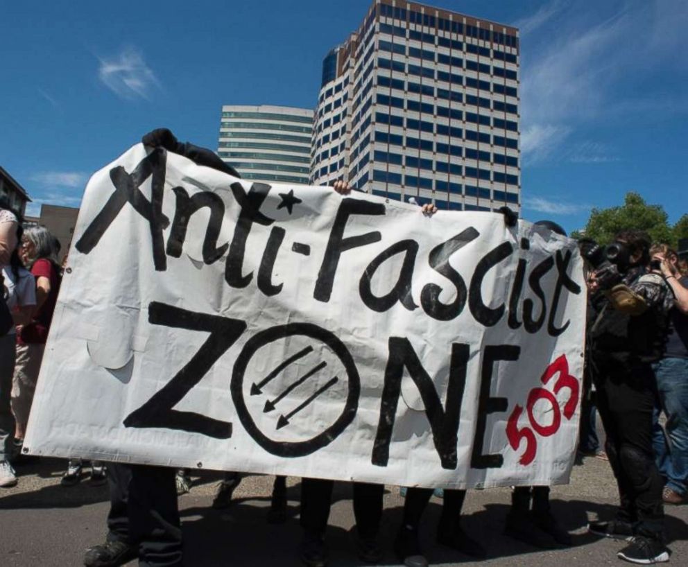 Antifa, or anti-fascist, protesters showed up in Portland, Ore., to counter the "Patriot Prayer" rally held on Saturday, Aug. 4, 2018.