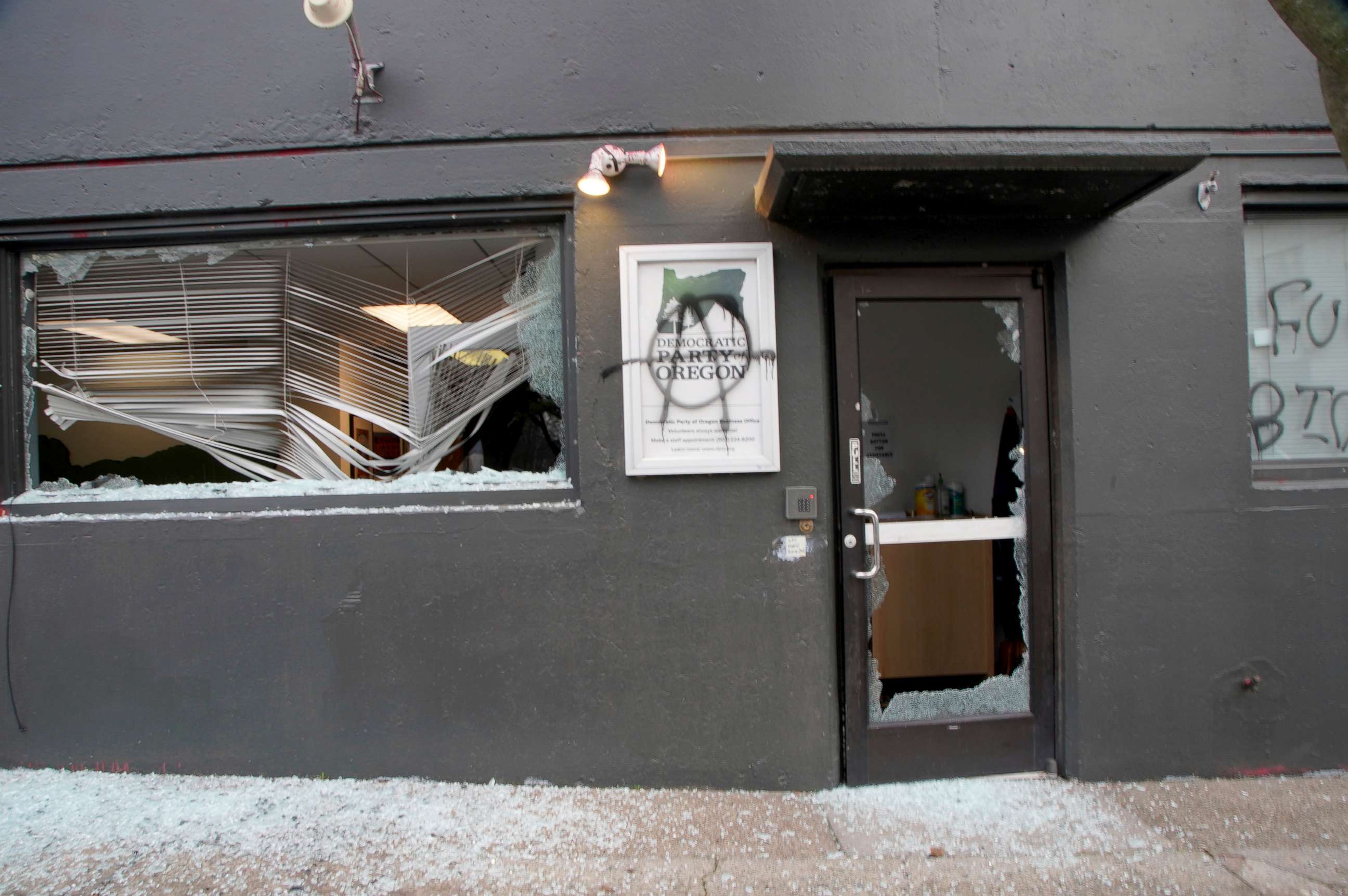 PHOTO: A group of protesters damaged the headquarters of the Democratic Party of Oregon in Portland on Jan. 20, 2021.