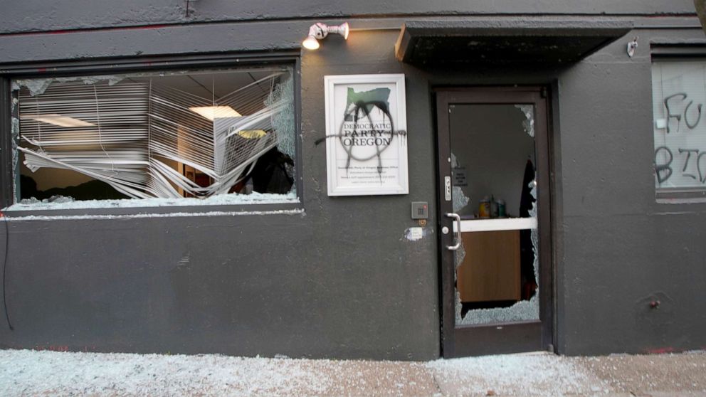 PHOTO: A group of protesters damaged the headquarters of the Democratic Party of Oregon in Portland on Jan. 20, 2021.