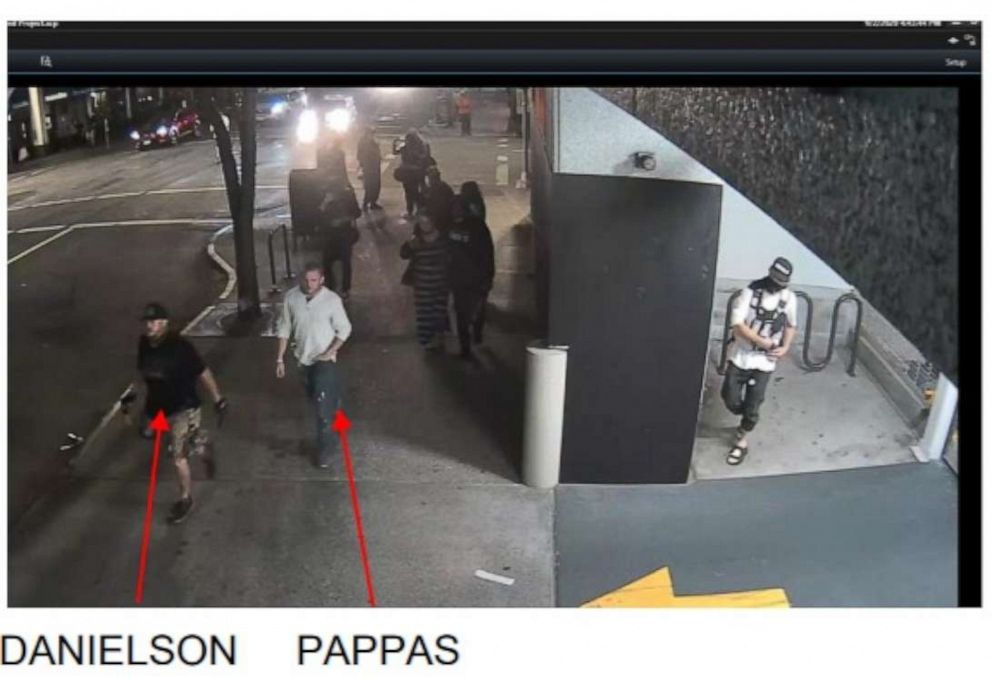 PHOTO: Surveillance footage shows Michael Forest Reinoehl, right, before he allegedly shot and killed pro-Trump protester Aaron Danielson, far left, in Portland, Ore., on Aug. 29, 2020.