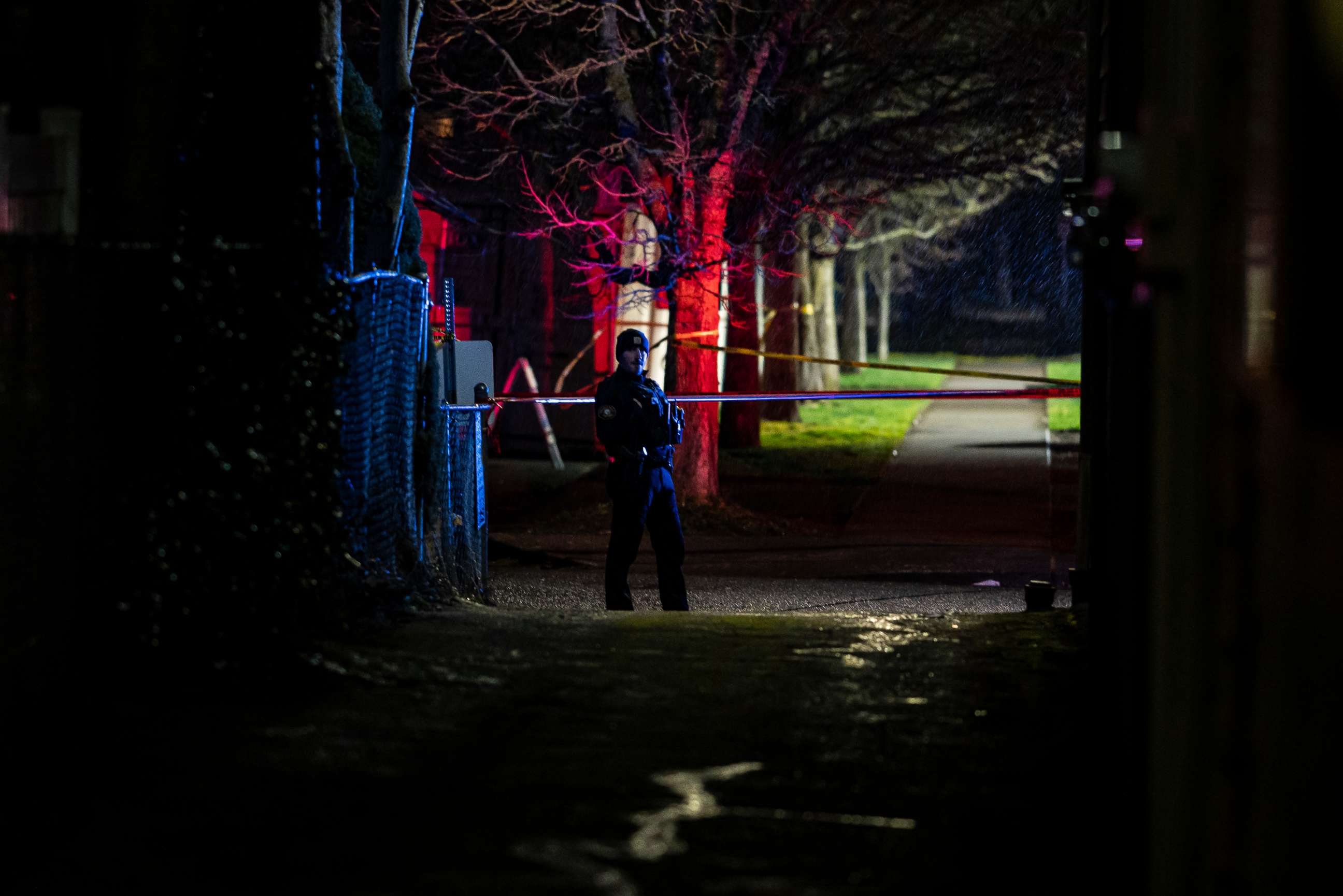 PHOTO: Police investigate a shooting that officials said left one dead and five others injured in Portland, Oregon, Feb. 19, 2022.