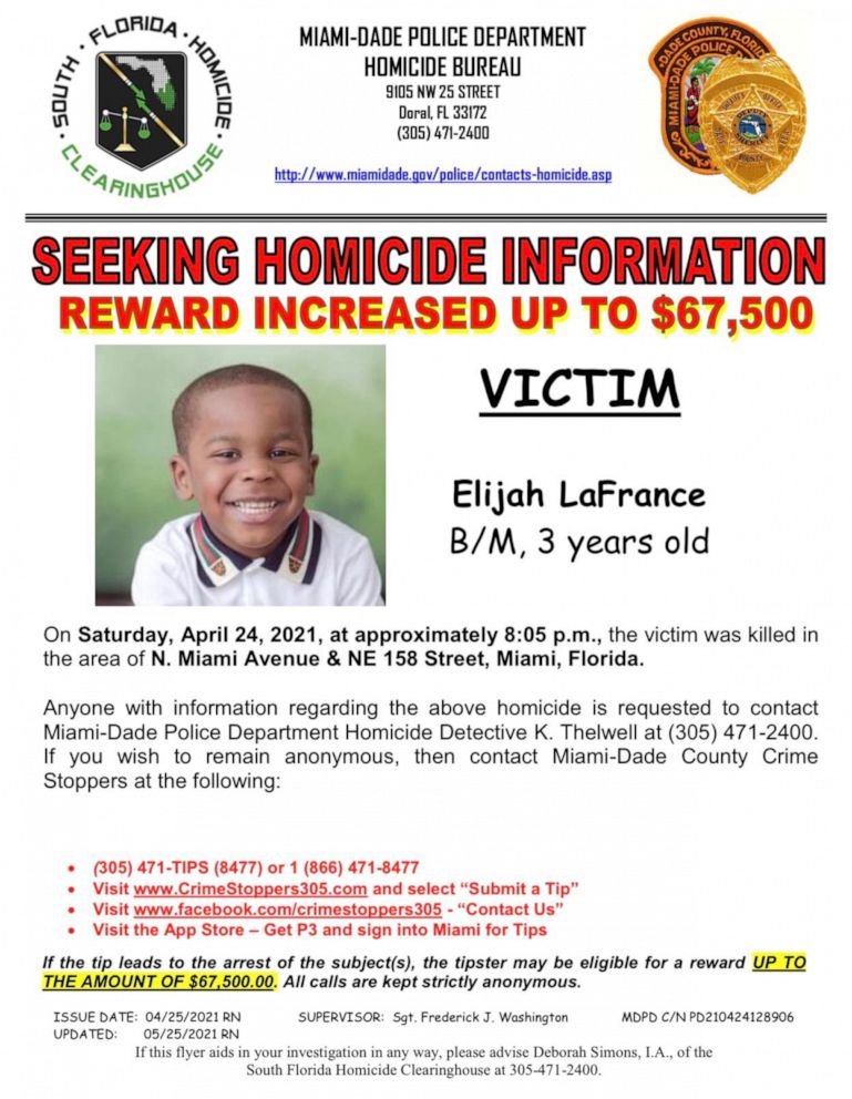 PHOTO: Elijah LaFrance, 3, is seen in this undated photo released by the Miami-Dade Police Department which is seeking the public's help after he was shot and killed at a birthday party on April 24, 2021.