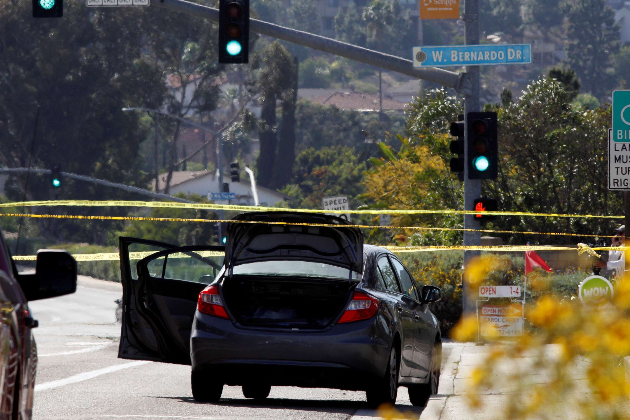 PHOTO: A car, allegedly used by the gunman who killed one at the Congregation Chabad synagogue in Poway, is pictured, few hundred feet from the Interstate 15 off-ramp north of San Diego, Calif. April 27, 2019.  
