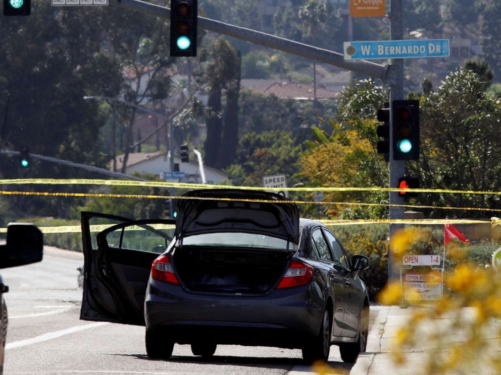 PHOTO: A car, allegedly used by the gunman who killed one at the Congregation Chabad synagogue in Poway, is pictured, few hundred feet from the Interstate 15 off-ramp north of San Diego, Calif. April 27, 2019.