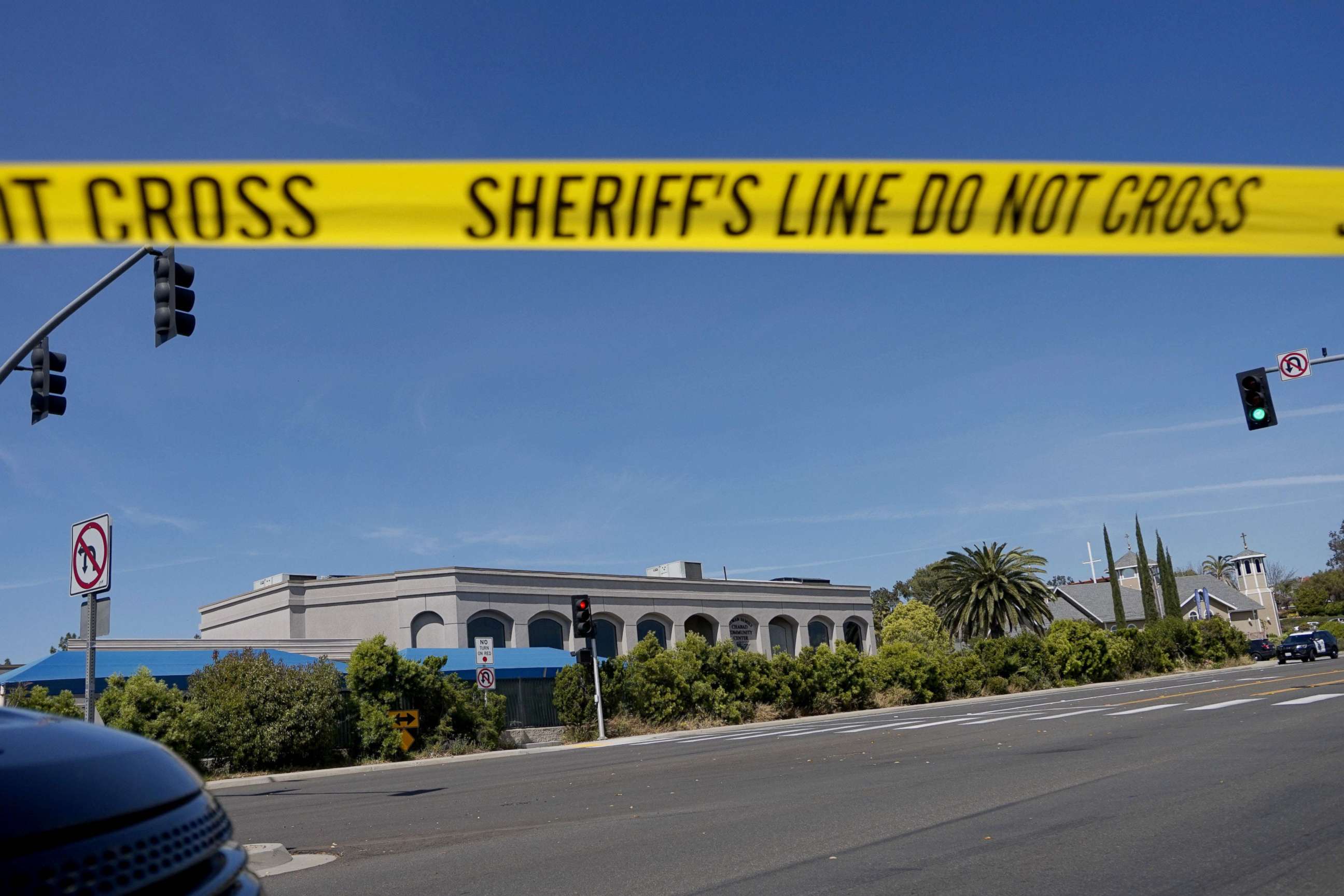 PHOTO: Sheriff's crime scene tape is placed in front of the Chabad of Poway Synagogue after a shooting, April 27, 2019 in Poway, Calif. 