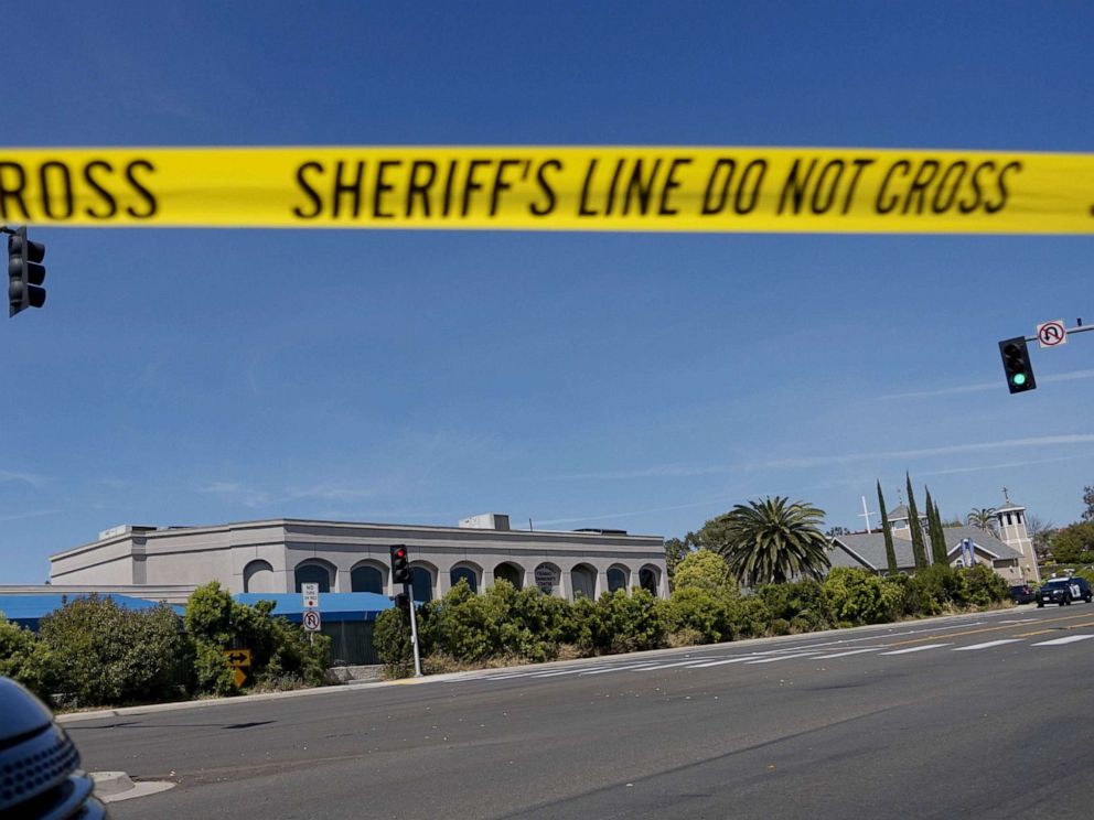 PHOTO: A cassette of a sheriff's crime scene is set in front of the Chabad of Poway synagogue after a shootout on April 27, 2019 in Poway, California. 