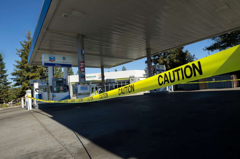 PHOTO: Caution tape is hung around a gas station without power in Santa Rosa, Calif.,  Oct. 9, 2019, after power was shut off to more than half a million customers hoping to prevent wildfires during dry, windy weather throughout the region.