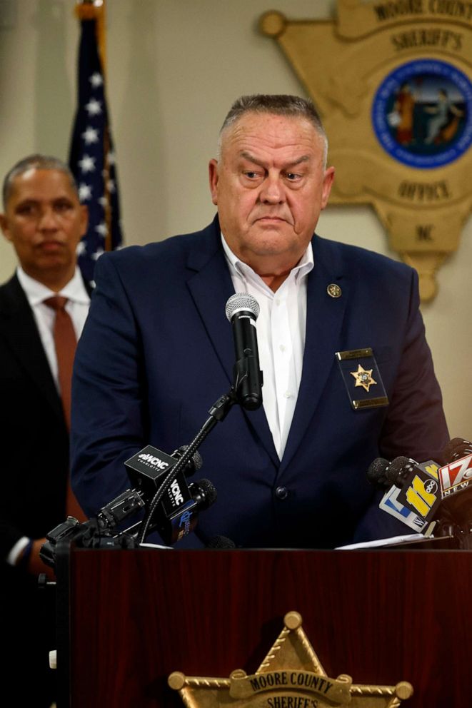 PHOTO: Moore County Sheriff Ronnie Fields speaks on Monday, Dec. 5, 2022, at a news conference at the Moore County Sheriff's Office, Carthage, N.C., regarding an attack on critical infrastructure that has caused a power outage to many around Moore County