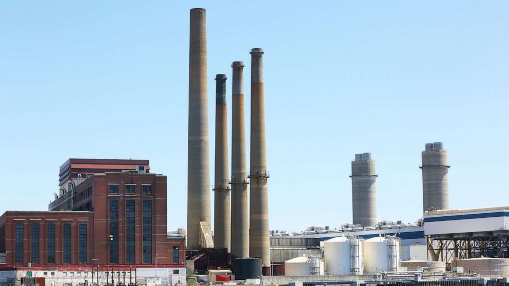 PHOTO: In this June 14, 2020, file photo, the Mystic Generating Station is shown in Everett, near Boston, MA., on June 14, 2020.