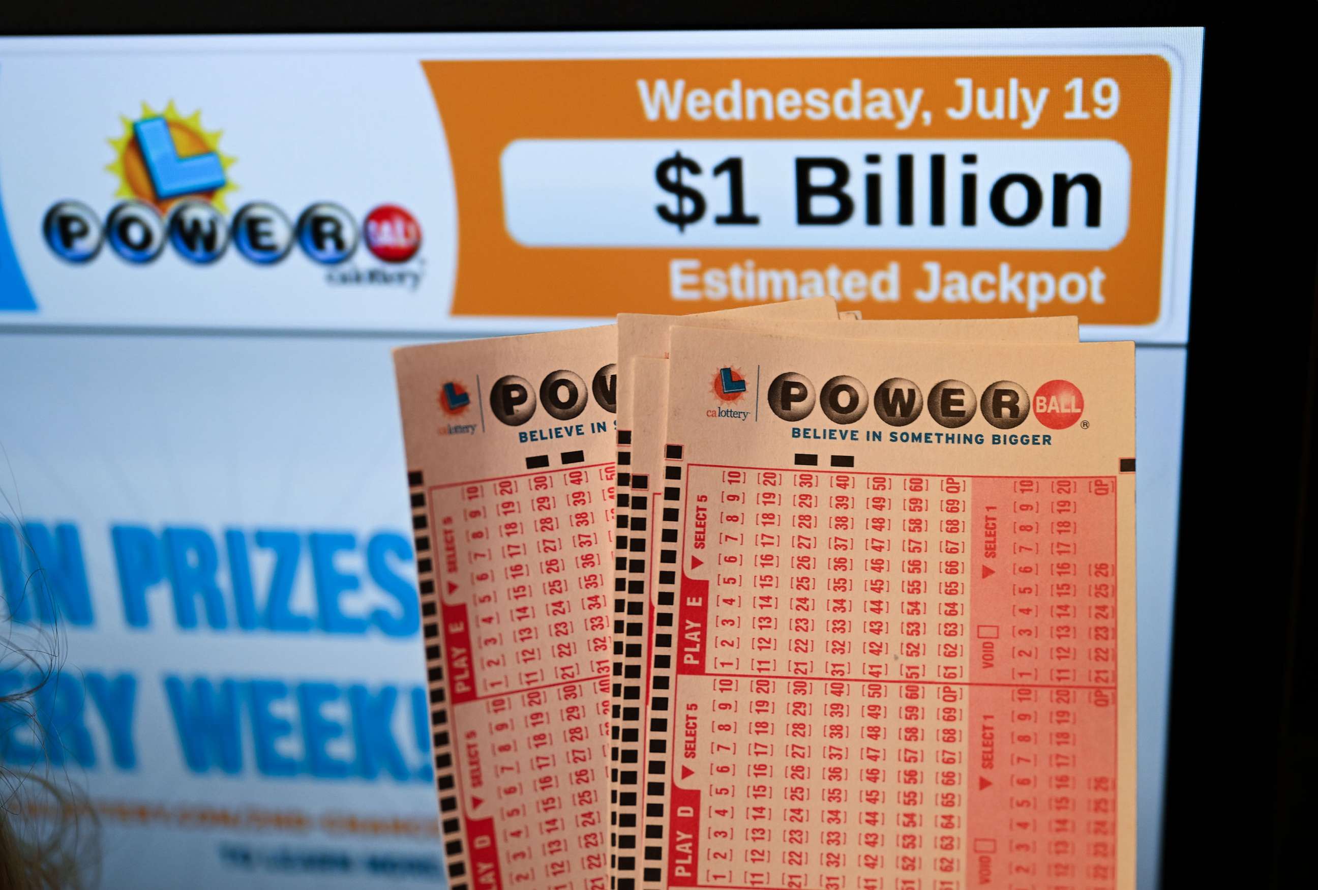 PHOTO: Powerball Lottery tickets are seen at a store as the Powerball jackpot grand prize grew to $1 billion after no ticket got all six numbers, July 18, 2023, in San Mateo, Calif.
