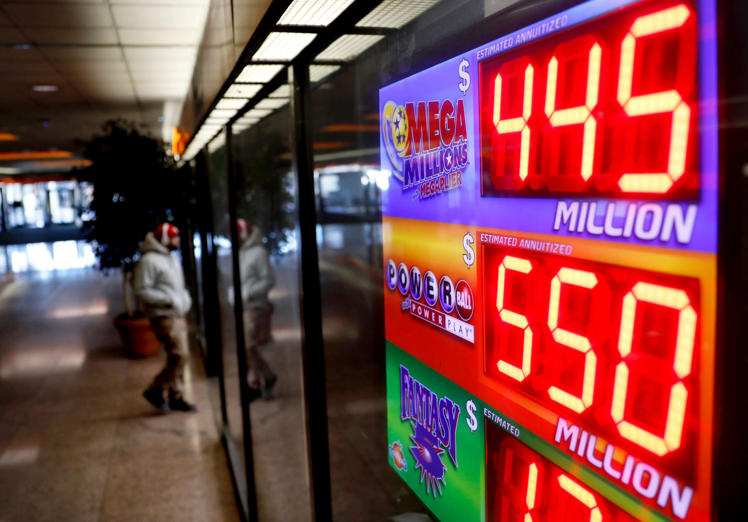 PHOTO: A sign advertises Powerball and Mega Millions lottery jackpots at a store in Atlanta, Jan. 4, 2018. 