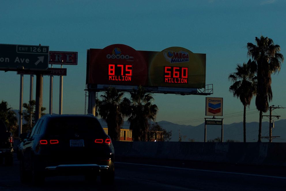 PHOTO: A Mega Millions and Powerball lottery billboard is shown along a Los Angeles in Commerce, California, U.S., July 13, 2023.