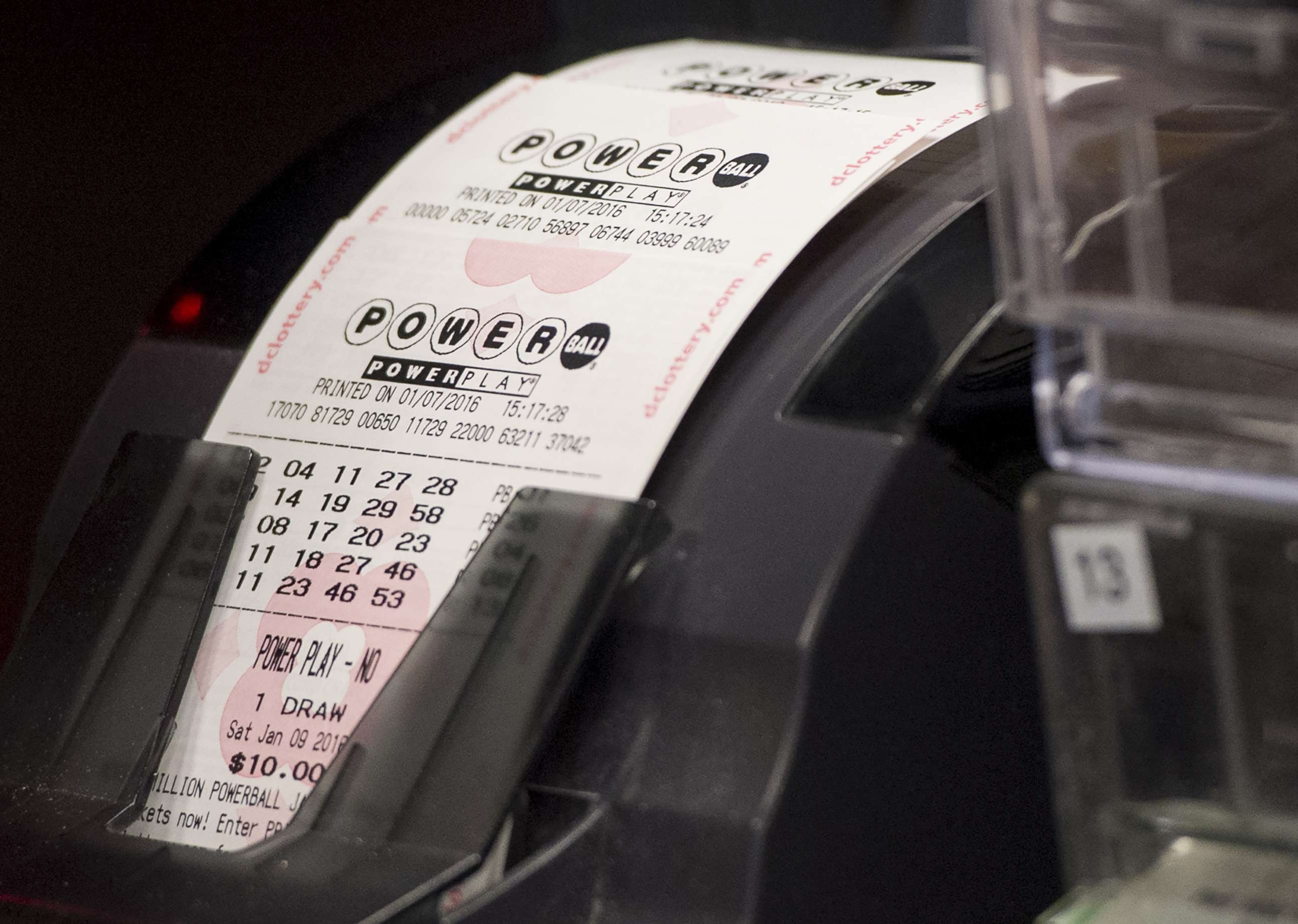 PHOTO: In this Jan. 7, 2016, file photo, a machine prints Powerball lottery tickets at a convenience store.