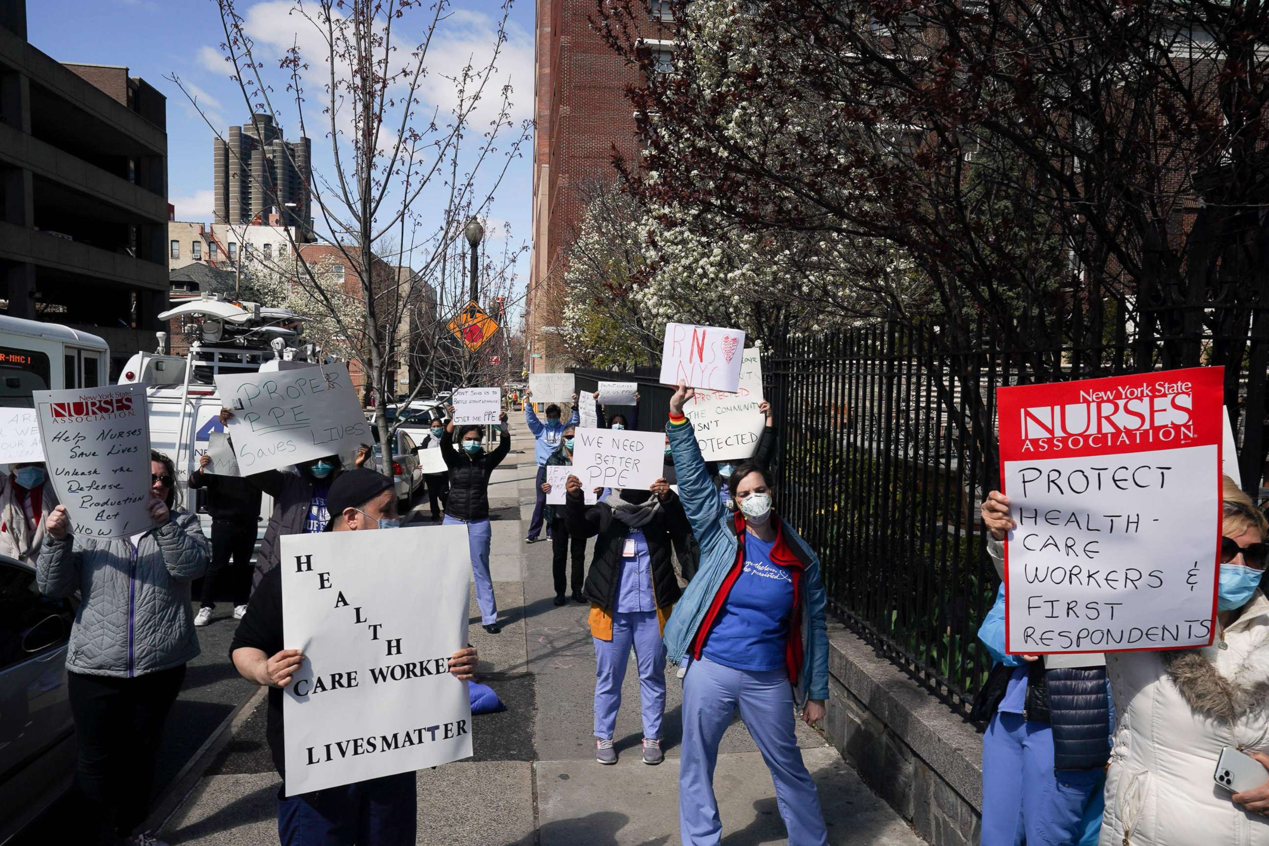 PHOTO: Members of the medical staff listen as Montefiore Medical Center nurses call for N95 masks and other critical PPE to handle the coronavirus (COVID-19) pandemic on April 1, 2020 in the Bronx neighborhood of New York.