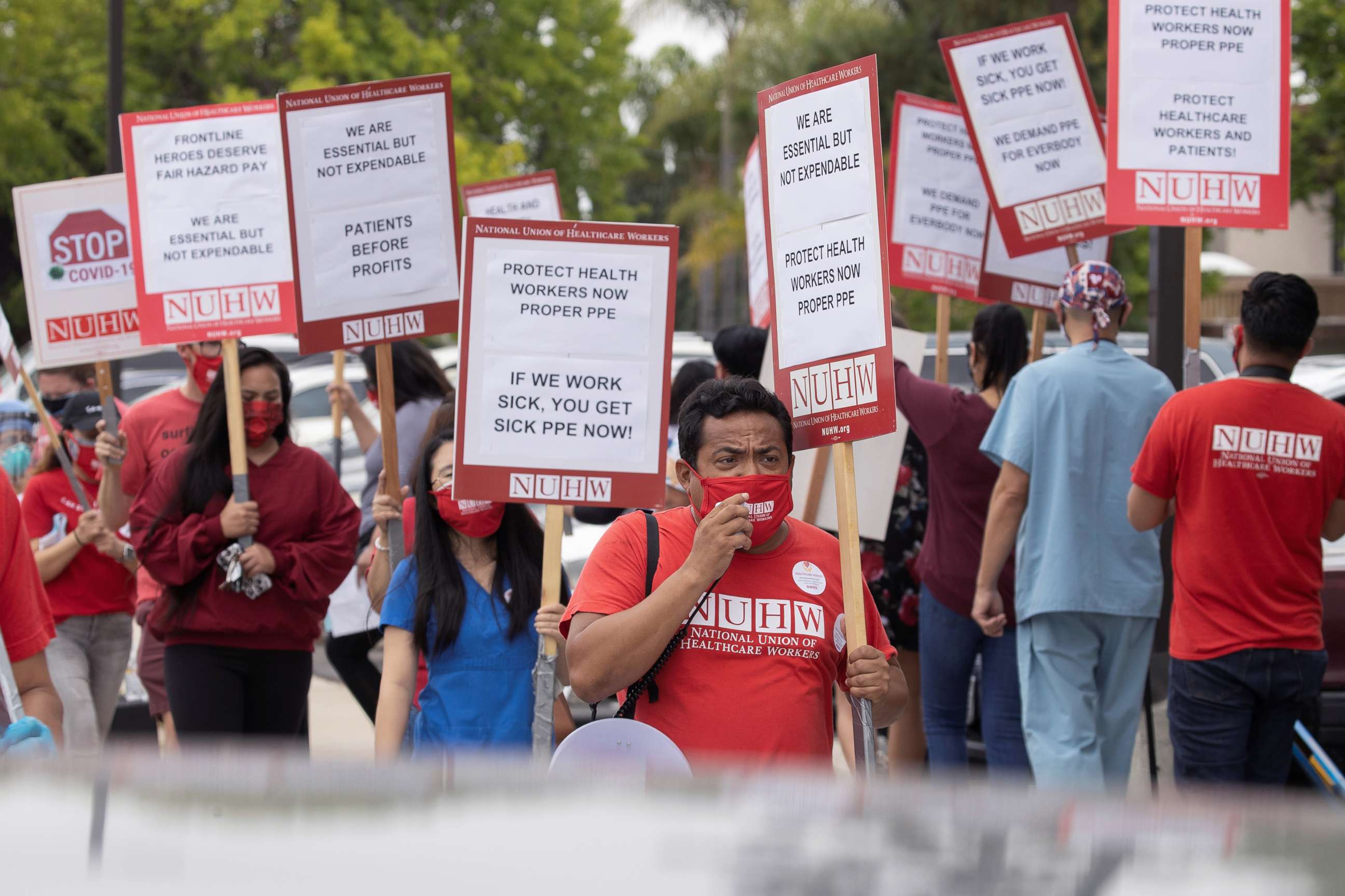 PHOTO: Workers at Kindred Hospital Westminster protest outside the hospital to demand better protection for them and their patients inside the 109-bed long-term care facility during the coronavirus outbreak in Westminster, Calif., July 22, 2020.