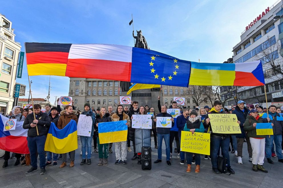 PHOTO: A demonstration in support of Ukraine is held on Feb. 24, 2022, on the Wenceslas Square in Prague, Czech Republic.