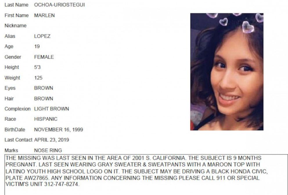 PHOTO: Chicago Police missing person flier for Marlen Ochoa-Uriostegui, who had gone to a home in Chicago, was strangled and her baby cut off her womb, police and family members said. 