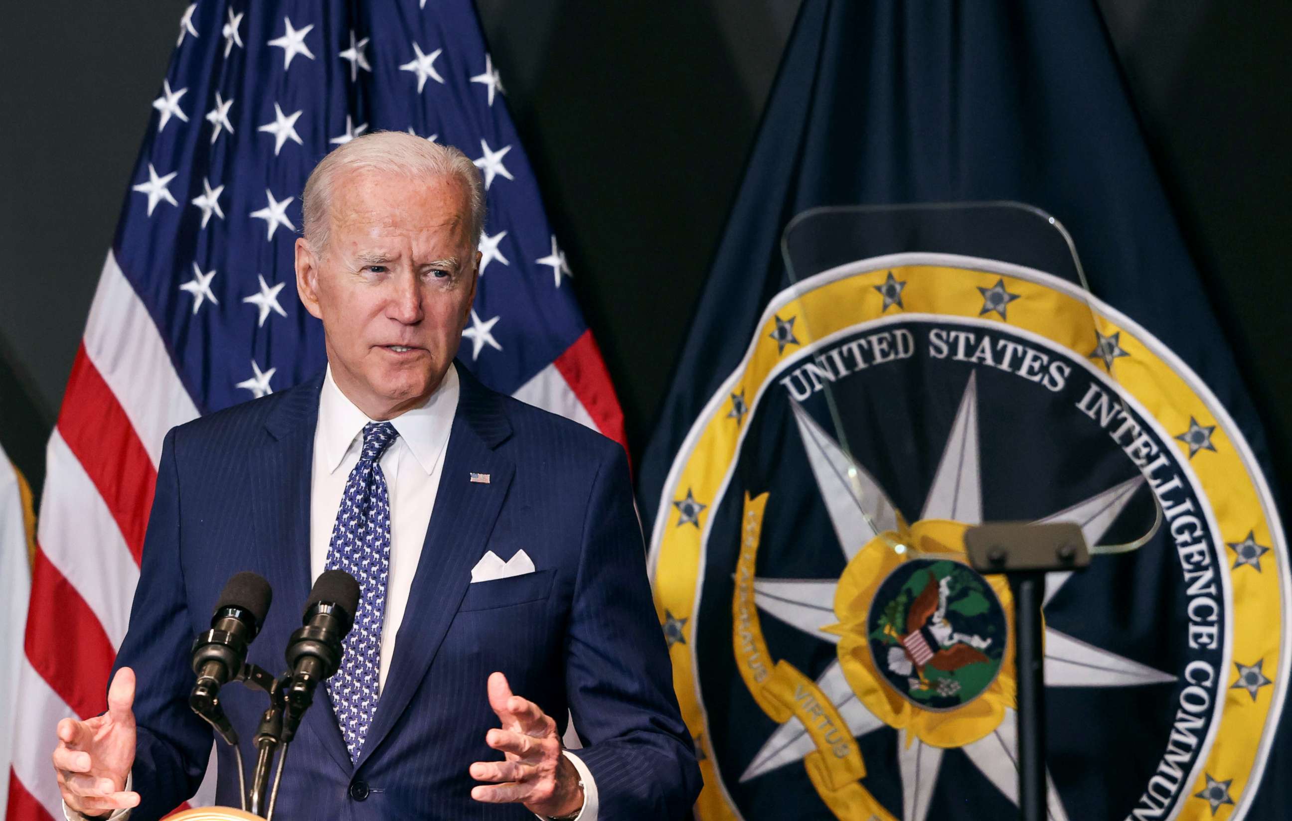 PHOTO: President Joe Biden delivers remarks to members of "the intelligence community workforce and its leadership" as he visits the Office of the Director of National Intelligence in nearby McLean, Virginia outside Washington, July 27, 2021.
