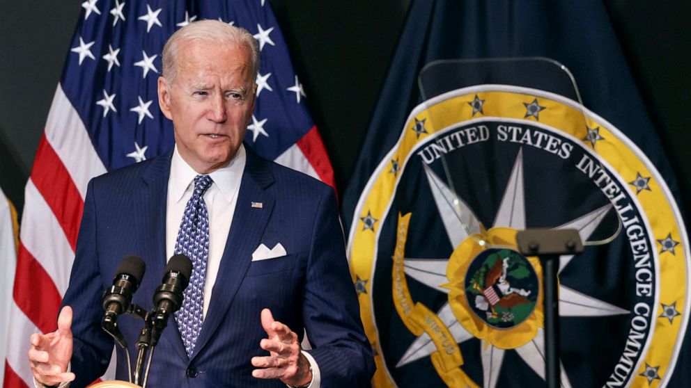 PHOTO: President Joe Biden delivers remarks to members of "the intelligence community workforce and its leadership" as he visits the Office of the Director of National Intelligence in nearby McLean, Virginia outside Washington, July 27, 2021.