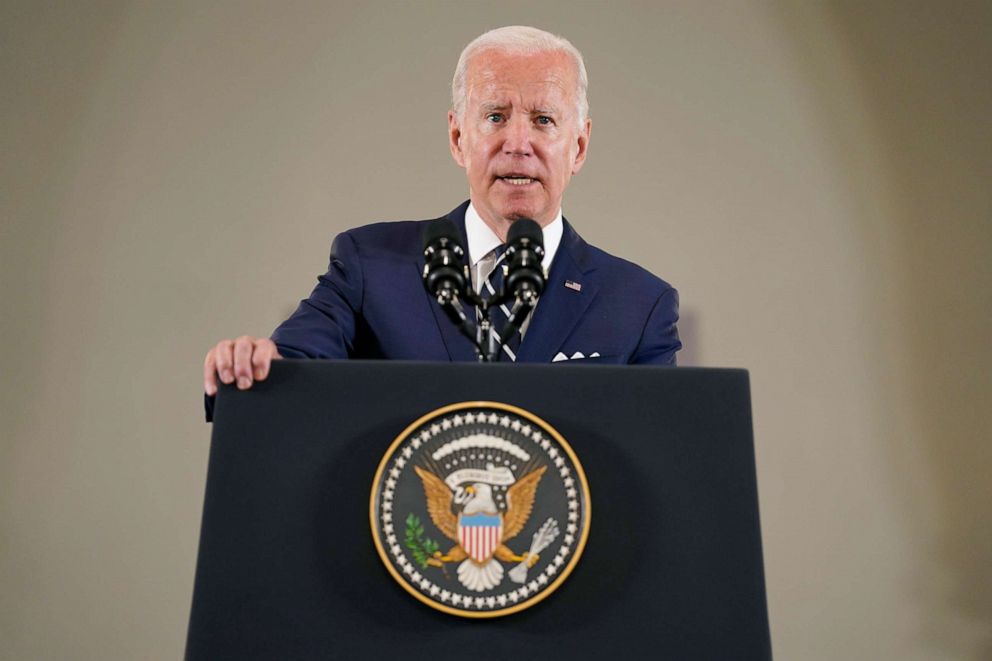 PHOTO: President Joe Biden gives his remarks after his visit to Augusta Victoria Hospital in east Jerusalem, July 15, 2022.