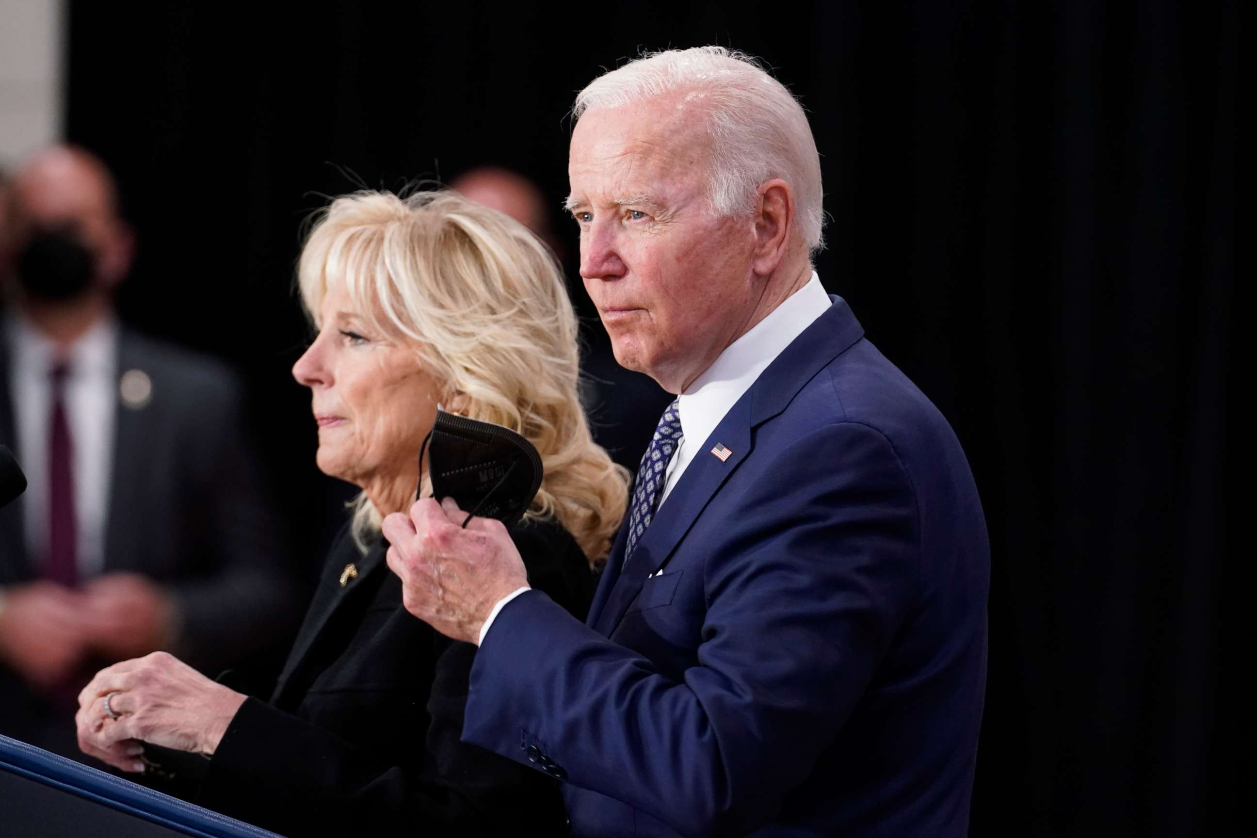PHOTO: President Joe Biden stands with first lady Jill Biden to speak to families of victims of Saturday's shooting, law enforcement and first responders, and community leaders at the Delavan Grider Community Center in Buffalo, N.Y., May 17, 2022.