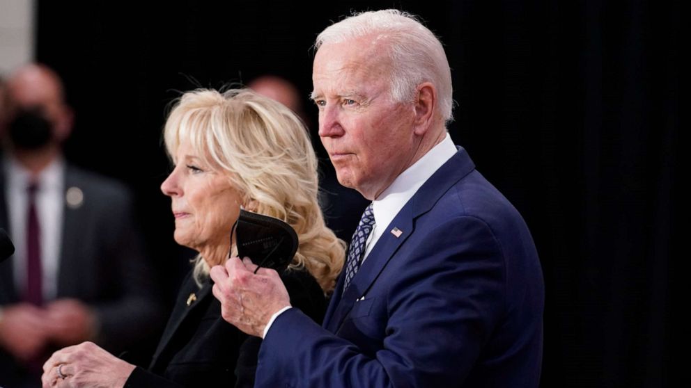 PHOTO: President Joe Biden stands with first lady Jill Biden to speak to families of victims of Saturday's shooting, law enforcement and first responders, and community leaders at the Delavan Grider Community Center in Buffalo, N.Y., May 17, 2022.
