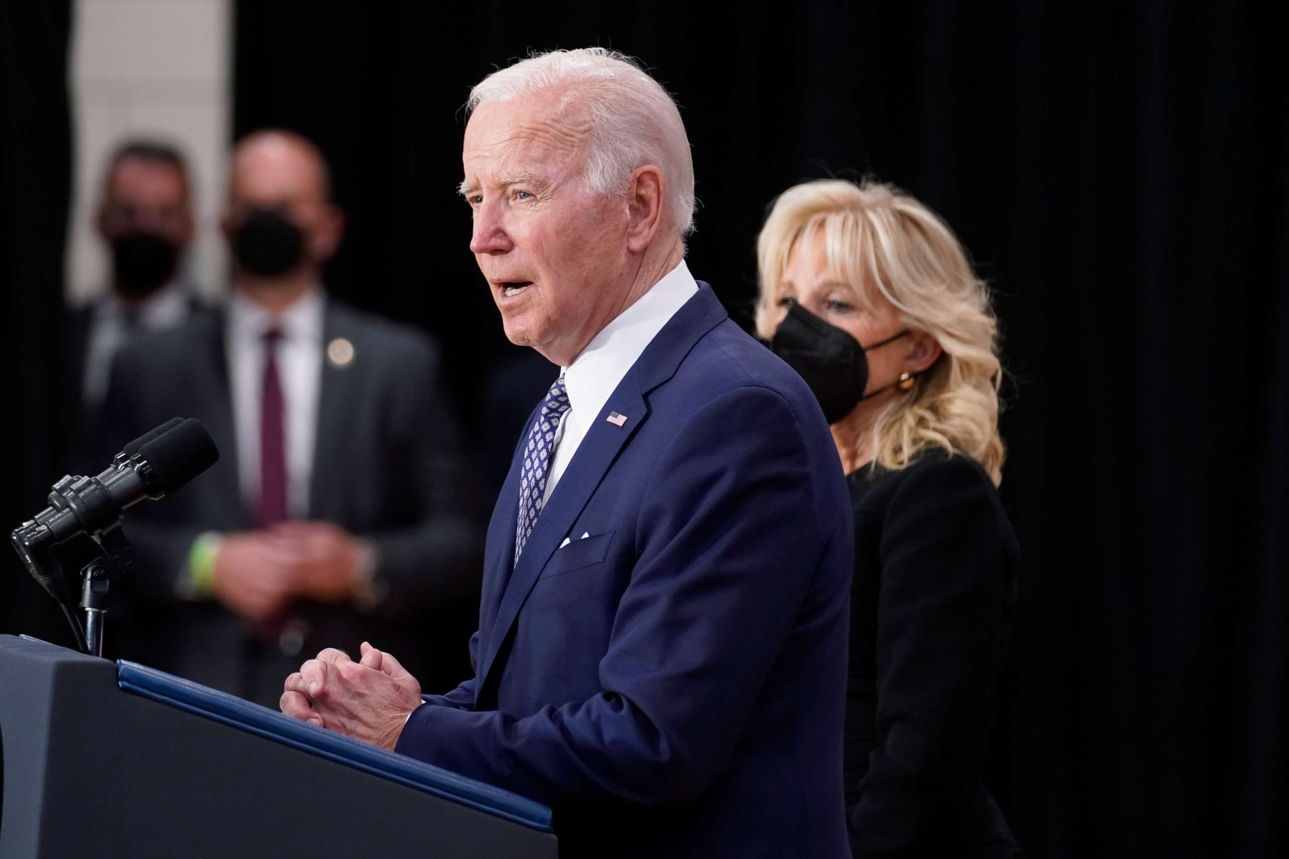 PHOTO: President Joe Biden speaks to families of victims of Saturday's shooting, law enforcement and first responders, and community leaders at the Delavan Grider Community Center in Buffalo, N.Y., May 17, 2022. 