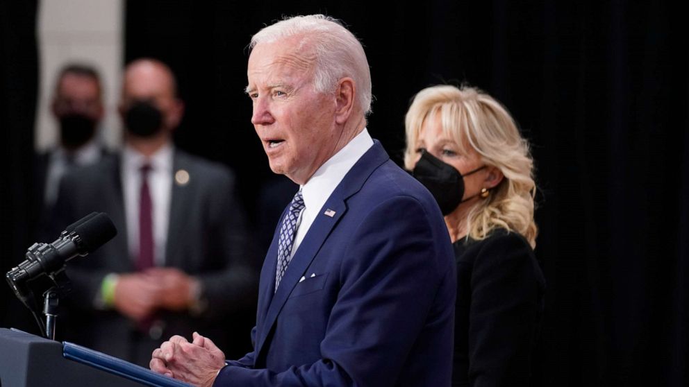 PHOTO: President Joe Biden speaks to families of victims of Saturday's shooting, law enforcement and first responders, and community leaders at the Delavan Grider Community Center in Buffalo, N.Y., May 17, 2022. 