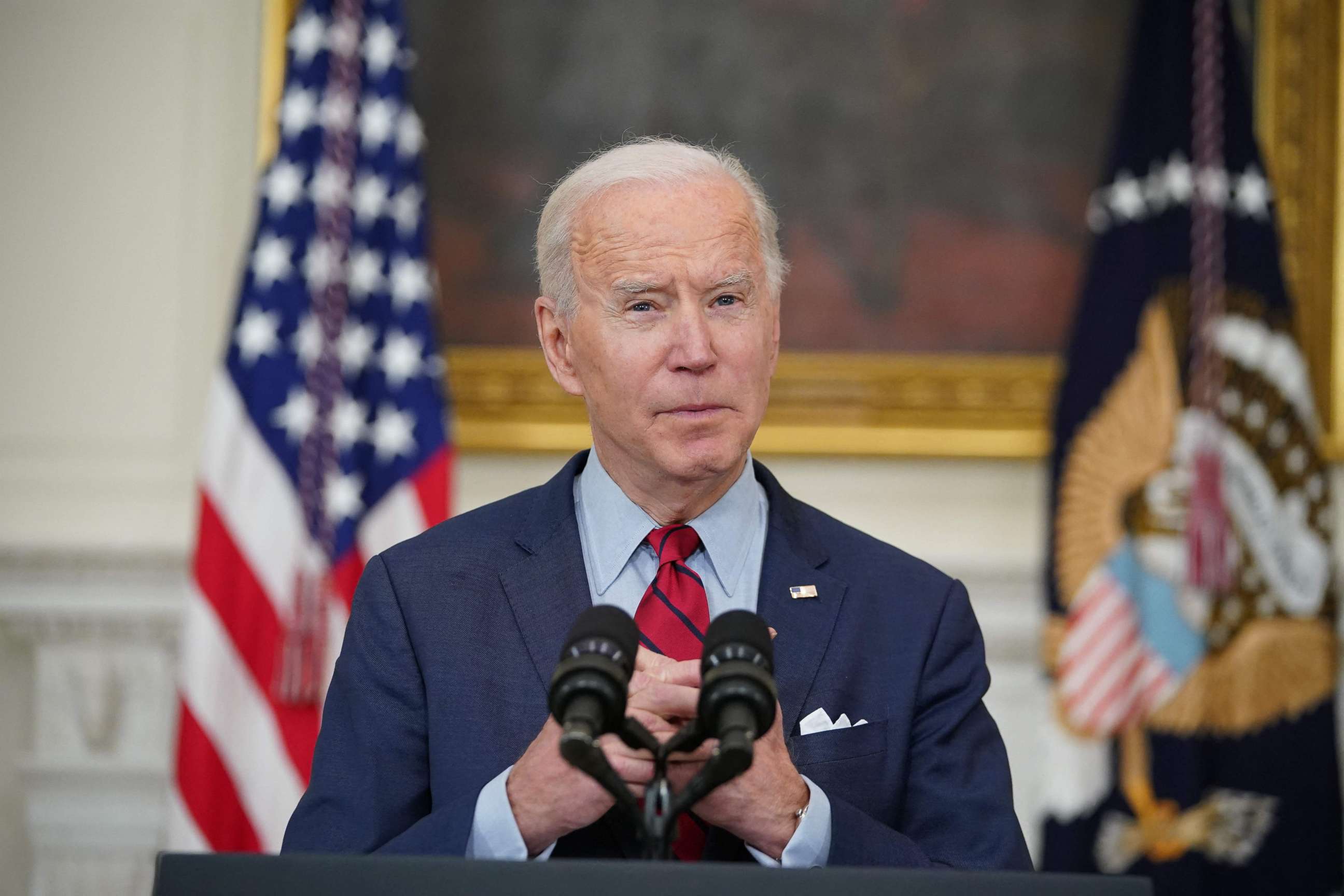 PHOTO: President Joe Biden speaks about the Colorado shootings in the State Dining Room of the White House in Washington, DC, March 23, 2021.