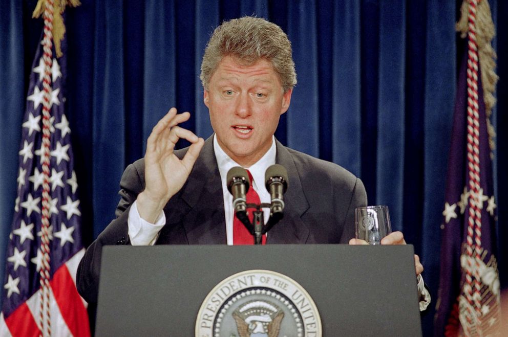 PHOTO: President Bill Clinton gestures during a news conference in the White House briefing room in Washington, D.C. Jan. 29, 1993. The president directed that an executive order reversing the ban on homosexuals in the military be prepared by July 15. 