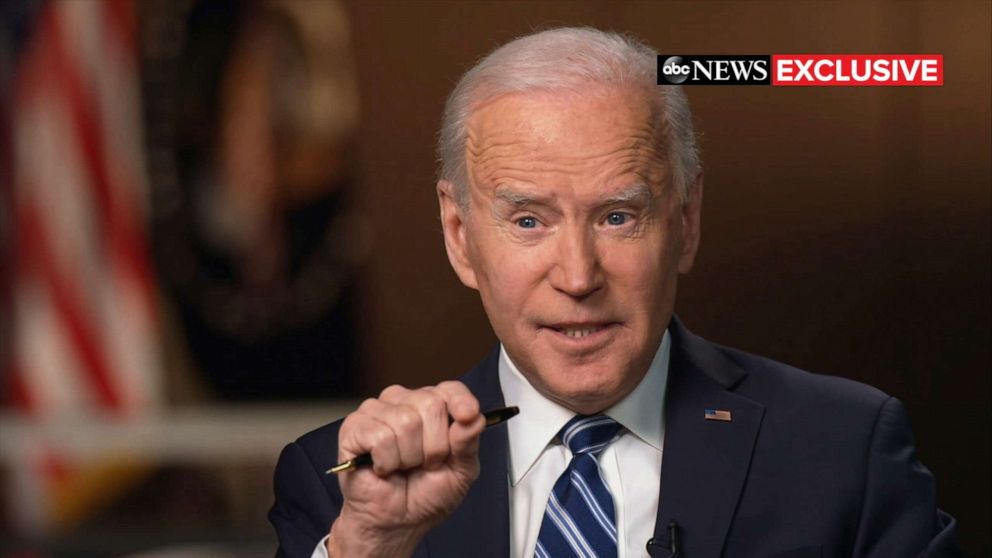 PHOTO: President Joe Biden talks to ABC News' Chief Anchor George Stephanopoulos on March 16, 2021.