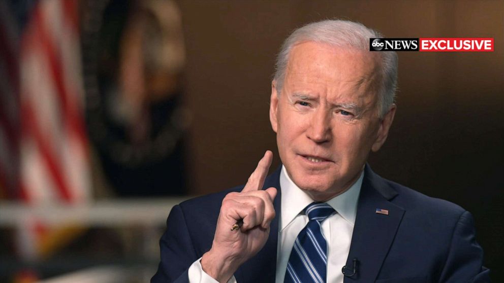 PHOTO: President Joe Biden talks to ABC News' Chief Anchor George Stephanopoulos on March 16, 2021.