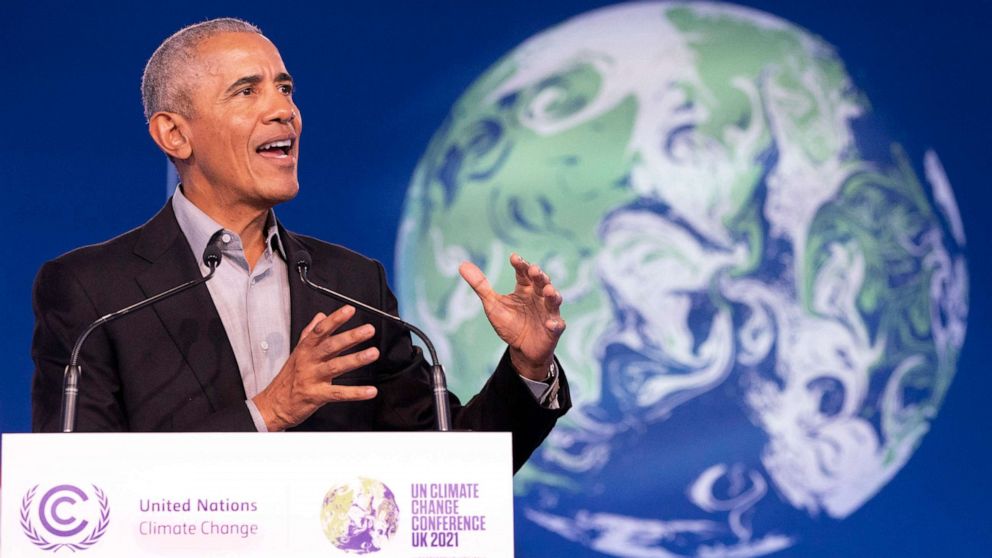 PHOTO: Former U.S. President Barack Obama gestures as he speaks during the COP26 U.N. Climate Summit in Glasgow, Scotland, Nov. 8, 2021.