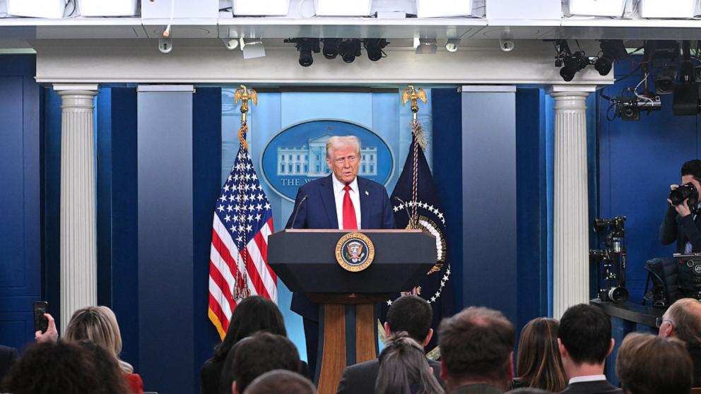 PHOTO: President Donald Trump speaks about the mid-air crash between American Airlines flight 5342 and a military helicopter in Washington, in the Brady Press Briefing Room at the White House on January 30, 2025 in Washington, DC.