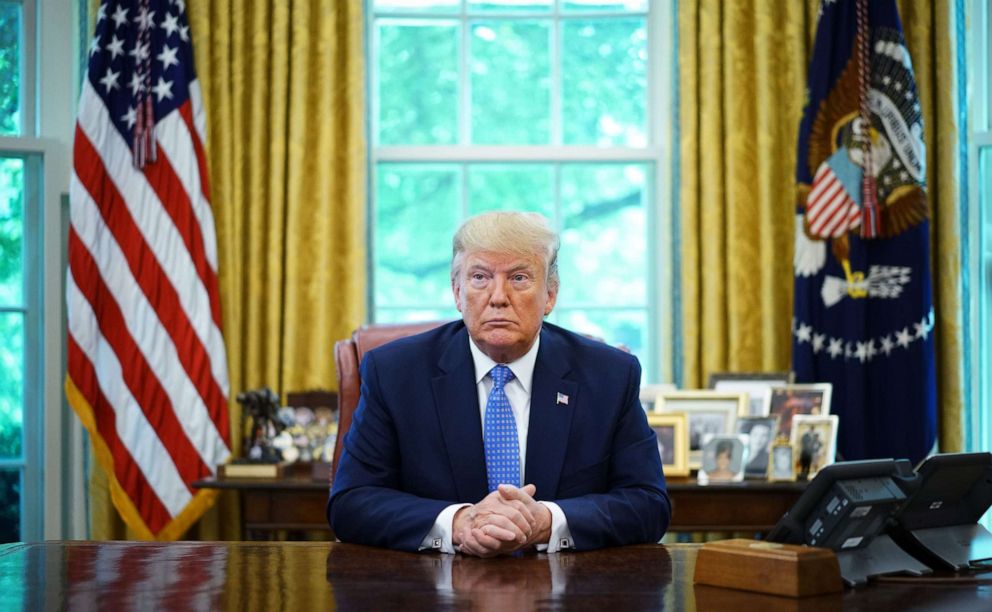 PHOTO: President Donald Trump speaks during a meeting with advisors about fentanyl in the Oval Office of the White House in Washington, DC, June 25, 2019.