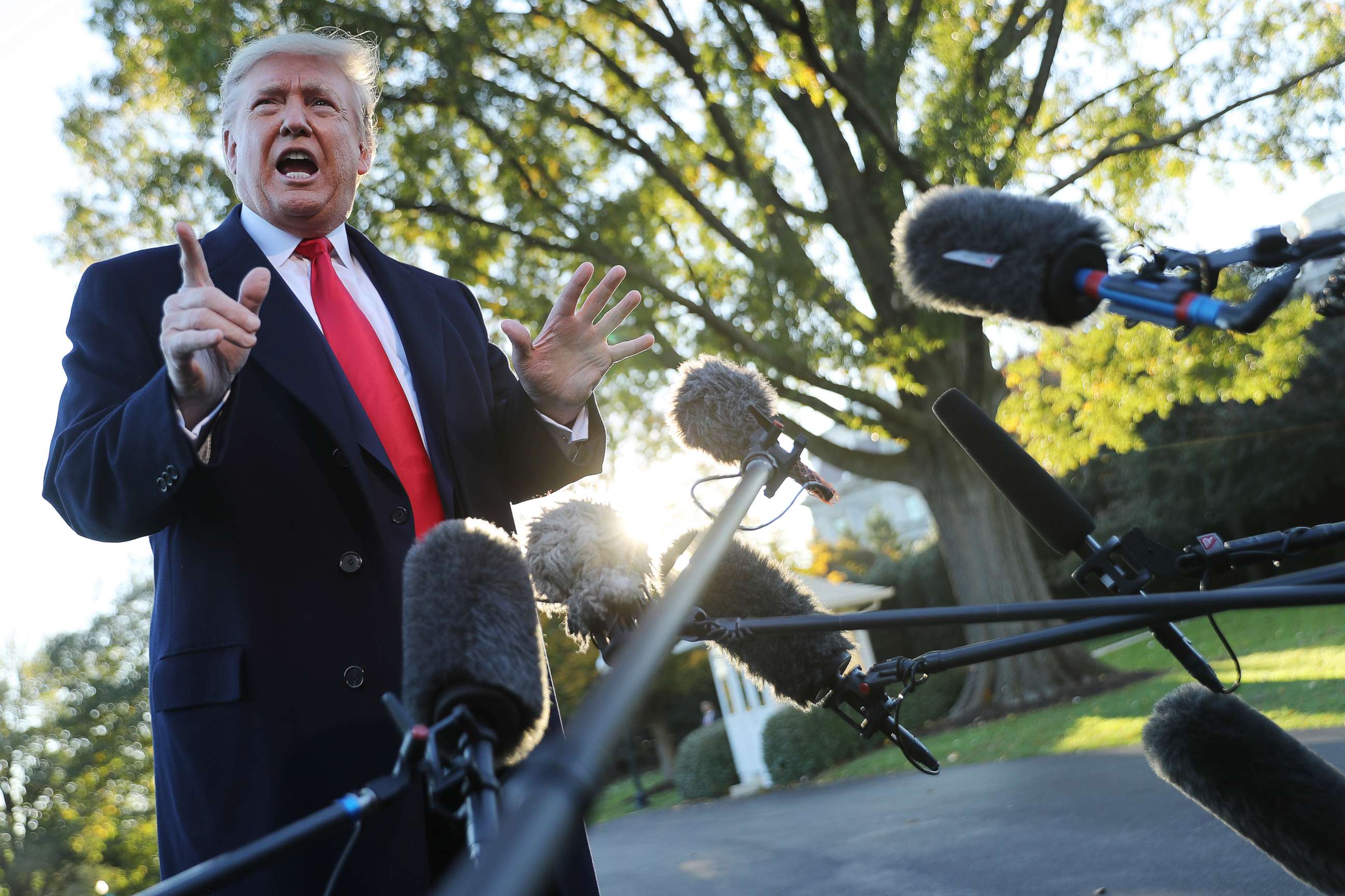 PHOTO: President Donald Trump talks to reporters before departing the White House, Nov. 1, 2019, in Washington, DC.