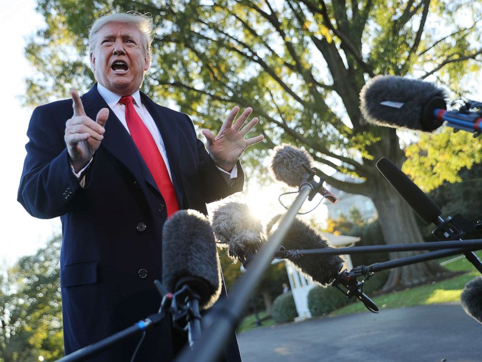 PHOTO: President Donald Trump talks to reporters before departing the White House, Nov. 1, 2019, in Washington, DC.