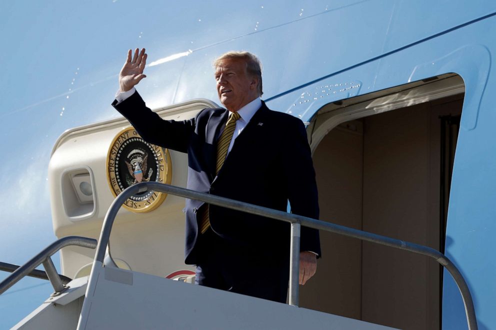 PHOTO: President Donald Trump arrives at Los Angeles International Airport to attend a fundraiser, Sept. 17, 2019, in Los Angeles.