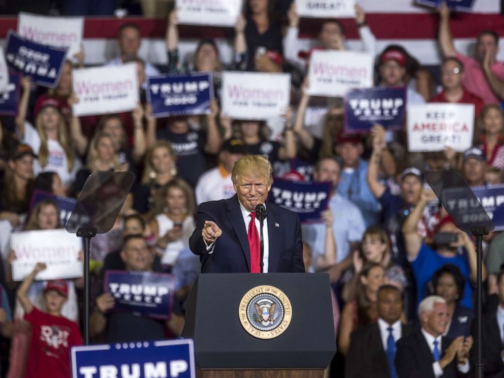 PHOTO: President Donald Trump speaks during a Keep America Great rally, July 17, 2019, in Greenville, North Carolina.