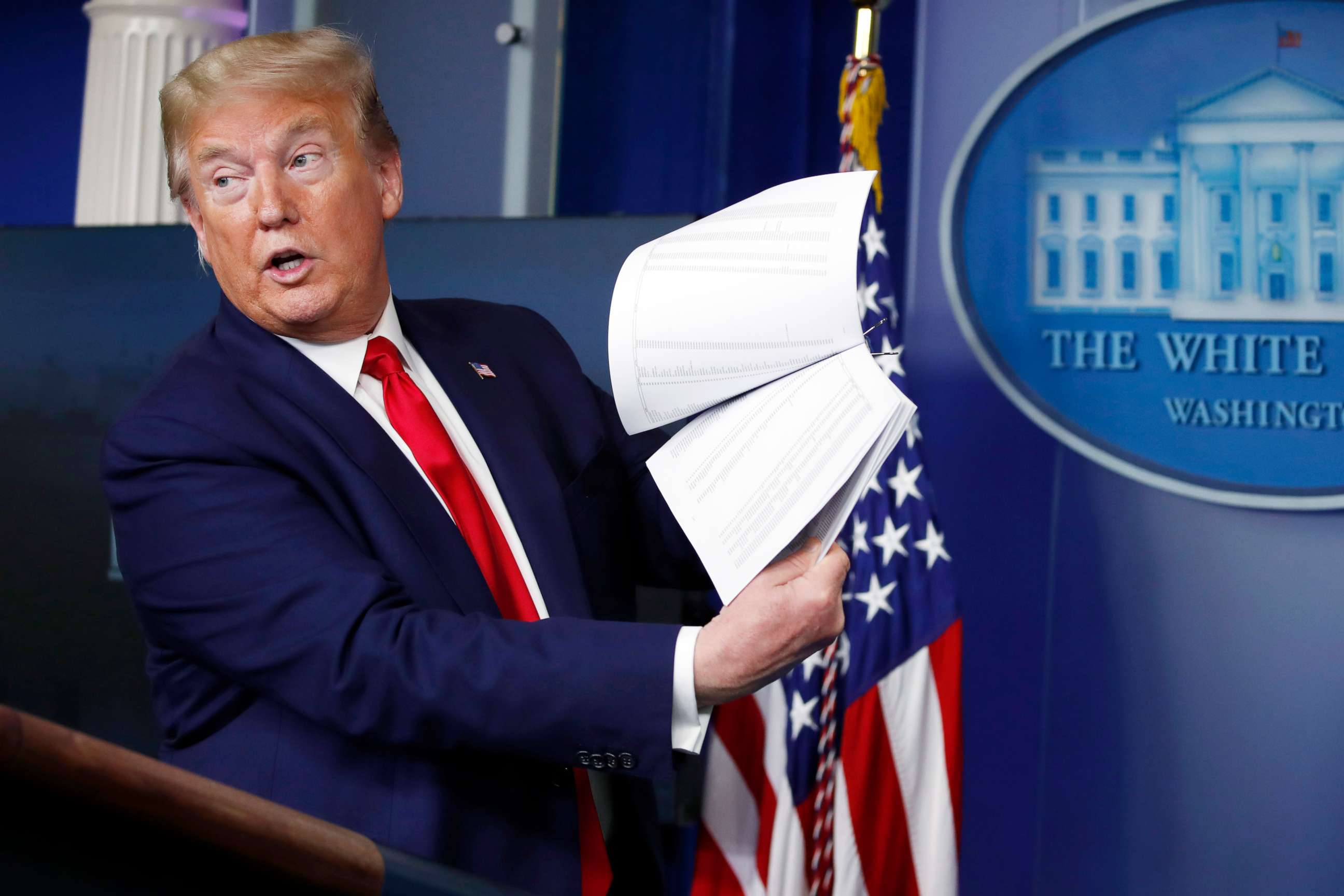 PHOTO: President Donald Trump holds up papers as he speaks about the coronavirus in the James Brady Press Briefing Room of the White House, April 20, 2020, in Washington.