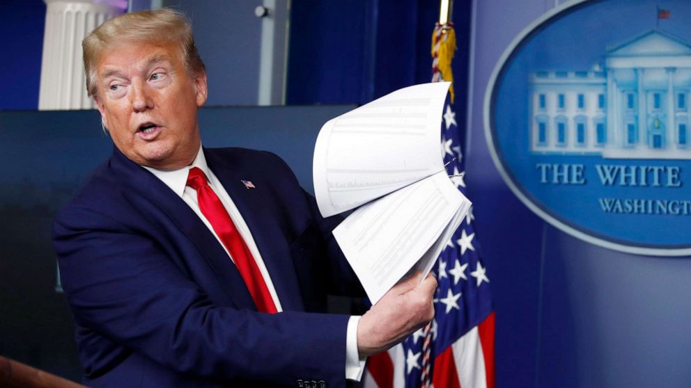 PHOTO: President Donald Trump holds up papers as he speaks about the coronavirus in the James Brady Press Briefing Room of the White House, April 20, 2020, in Washington.