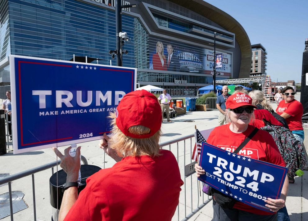 PHOTO: Supporters of former US President and 2024 Presidential hopeful Donald Trump gather outside the Fiserv Forum in Milwaukee, Aug. 23, 2023, ahead of the first Republican Presidential primary debate.