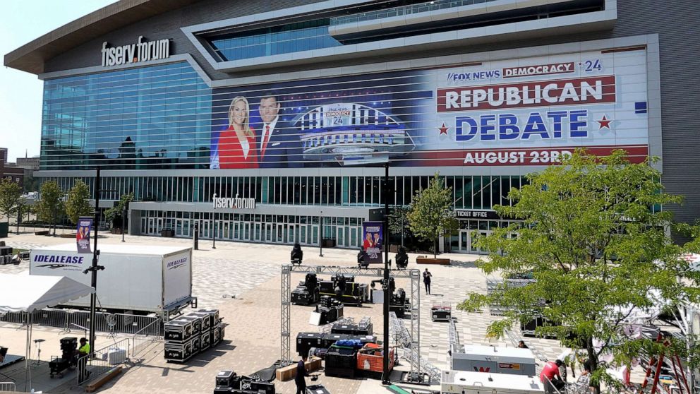 PHOTO: The Fiserv Forum is prepared for the Republican presidential debate, Aug. 22, 2023 in Milwaukee.