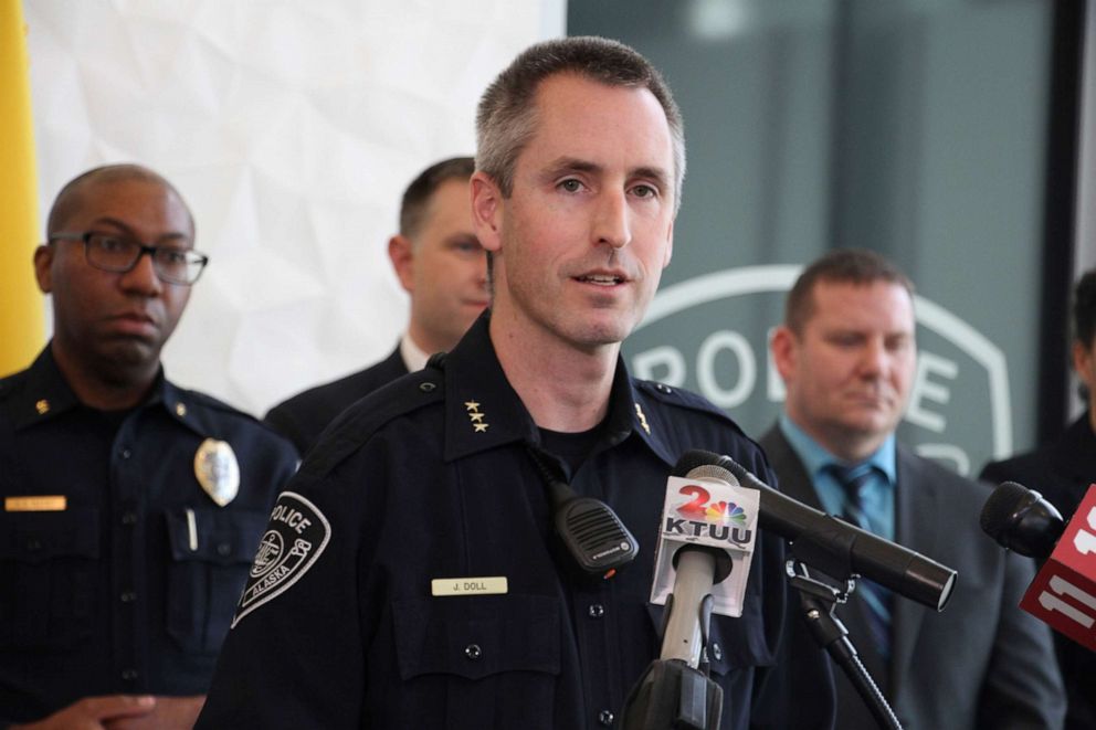 PHOTO:Anchorage Police Chief Justin Doll addresses reporters, Oct. 17, 2019, in Anchorage, Alaska.