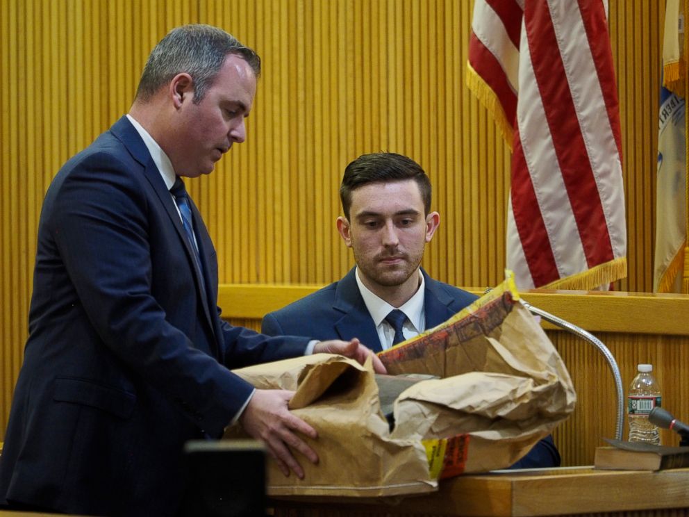 PHOTO: Monmouth County Assistant Prosecutor Christopher Decker presents evidence to Preston Taylor, a witness for the prosecution, during the murder trial of Liam McAtasney at the Monmouth County courthouse, Jan. 23, 2019, in Freehold, N.J.