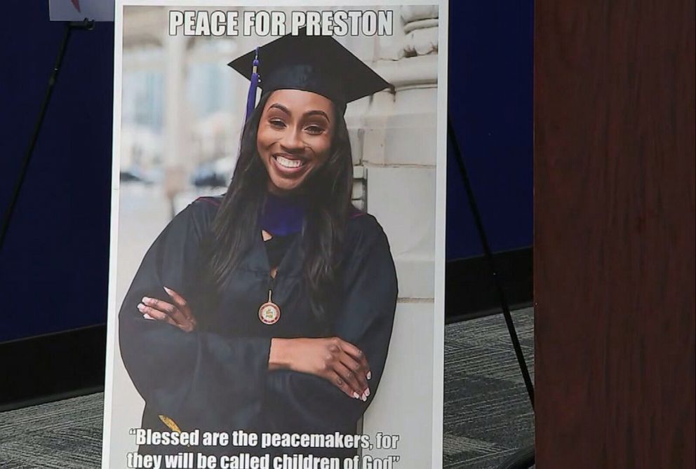 PHOTO: A poster of Chicago police officer Areanah Preston is seen at a press conference on May 10, 2023.