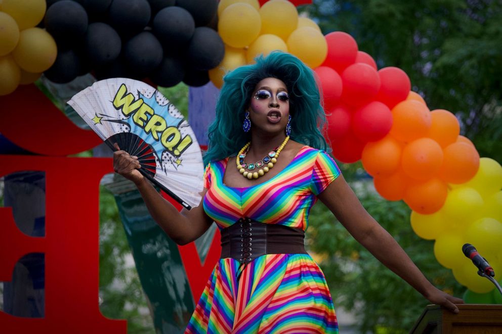PHOTO: Drag Queen Vincent Leggett warms up the crowd at the first annual Pride In The Park kick-off party, hosted by Mayors Office of LGBTQ Affairs, at LOVE park, in Philadelphia, June 6, 2019.